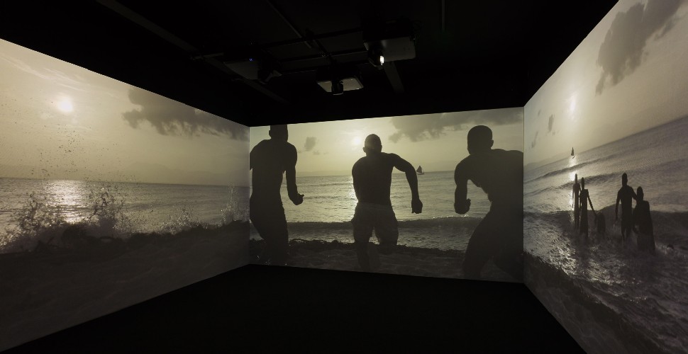 The Kehinde Wiley: Ship of Fools digital film projection shown on screen 